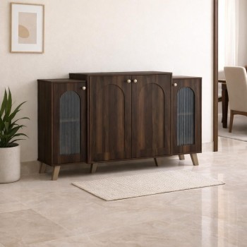 بوفيه خشبي فاخر بتفاصيل زجاجية – بني دافئ