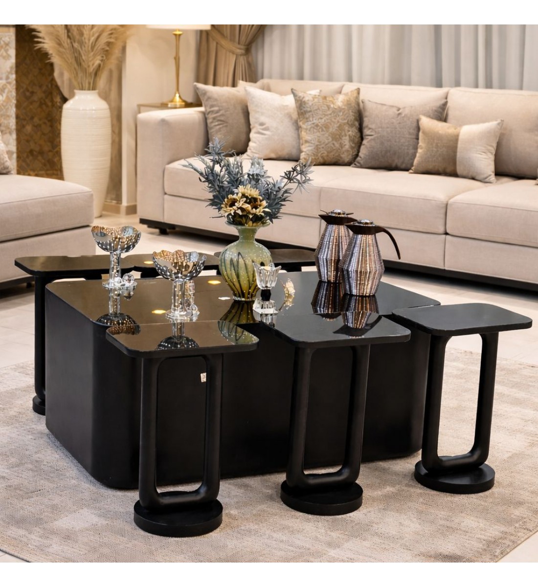 طقم طاولات  تقديم  ليون سنديان 7قطع   لون اسود (منتج تفصيل )