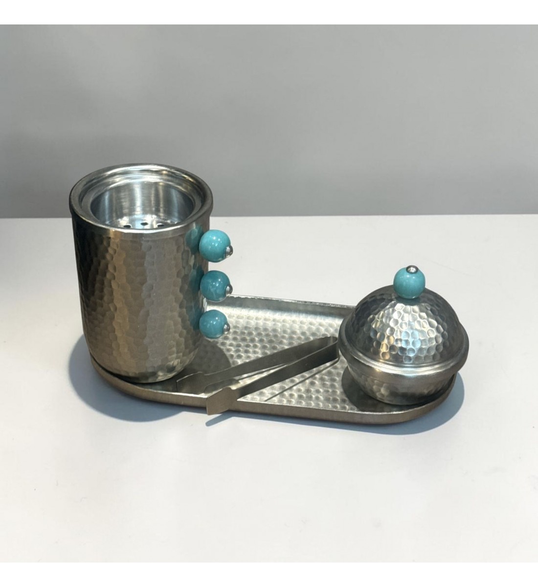 طقم مبخرة وعلبة عود وصينية ستيل فضي بتصميم انيق  