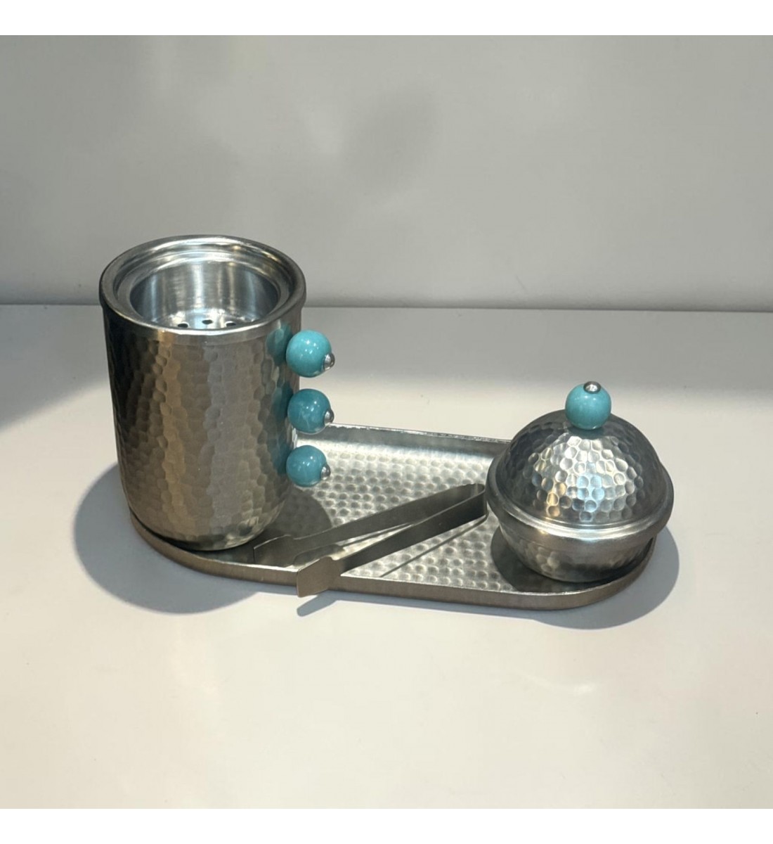 طقم مبخرة وعلبة عود وصينية ستيل فضي بتصميم انيق  