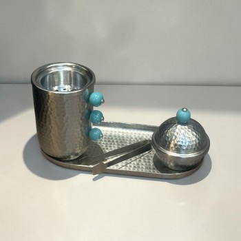 طقم مبخرة وعلبة عود وصينية ستيل فضي بتصميم انيق  