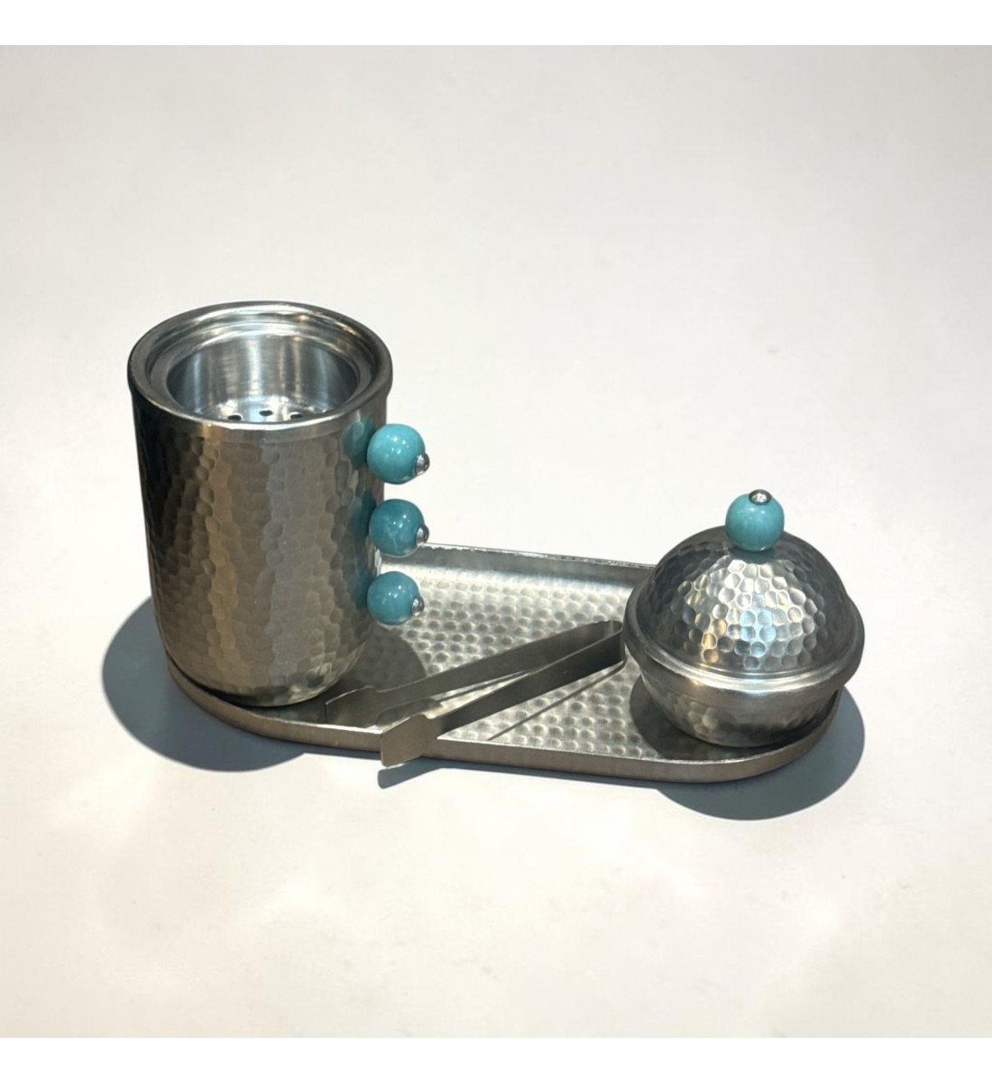 طقم مبخرة وعلبة عود وصينية ستيل فضي بتصميم انيق  