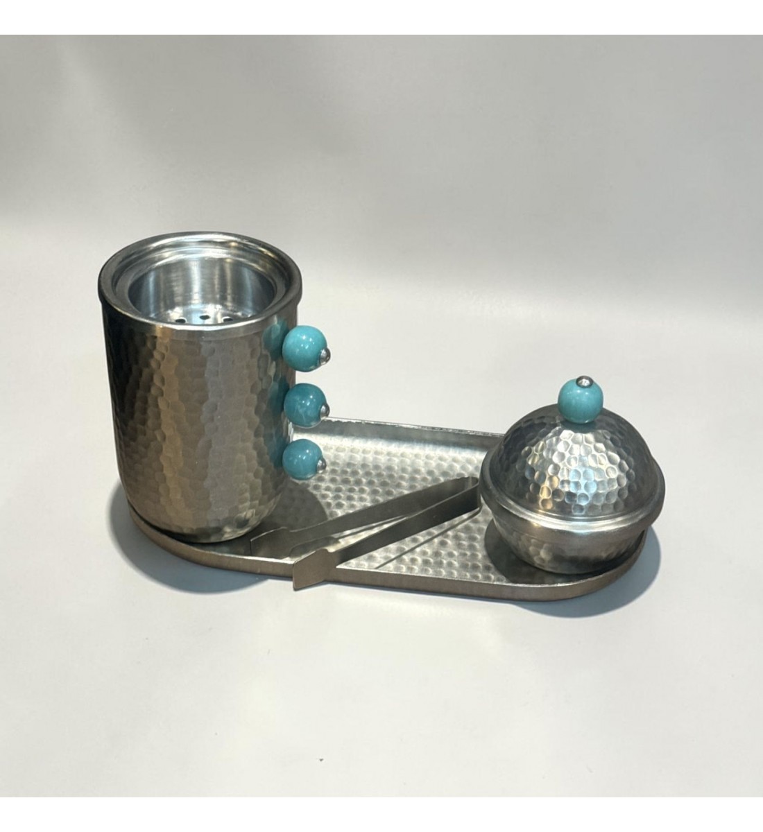 طقم مبخرة وعلبة عود وصينية ستيل فضي بتصميم انيق  