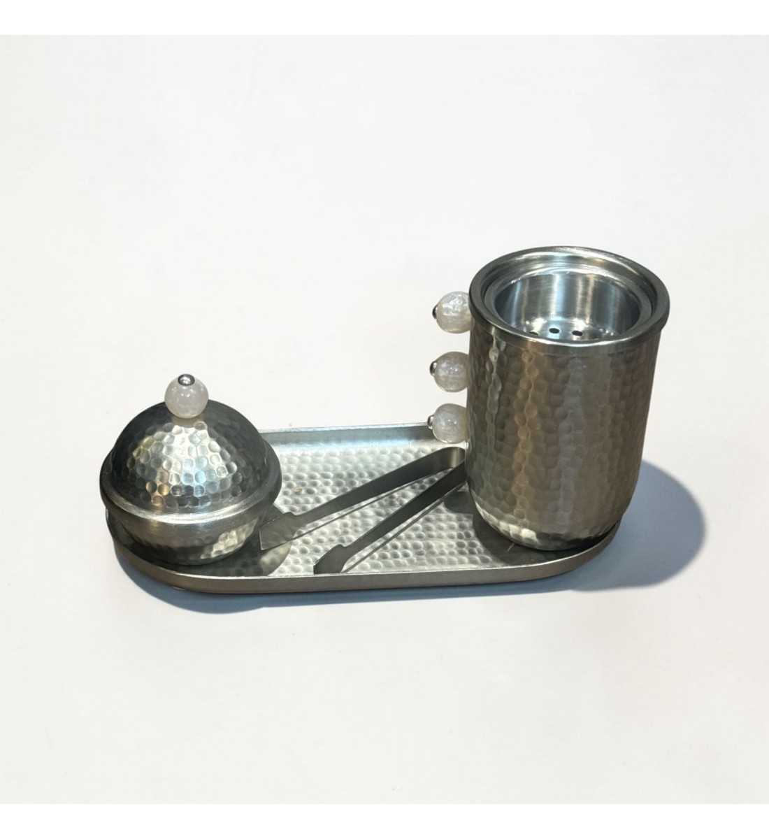 طقم مبخرة وعلبة عود وصينية ستيل فضي بتصميم انيق  