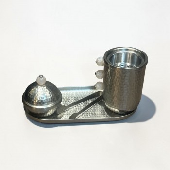 طقم مبخرة وعلبة عود وصينية ستيل فضي بتصميم انيق  