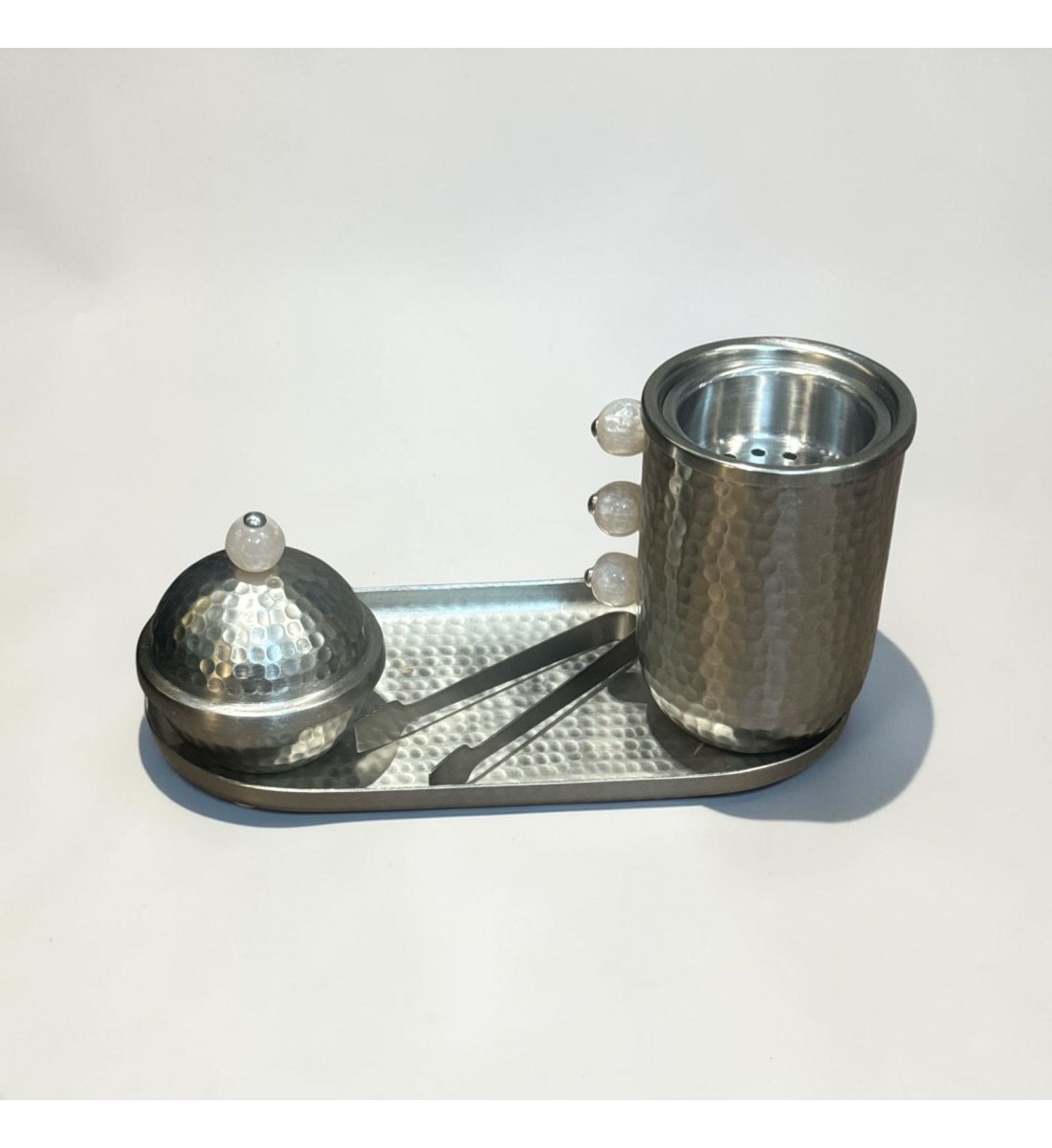 طقم مبخرة وعلبة عود وصينية ستيل فضي بتصميم انيق  