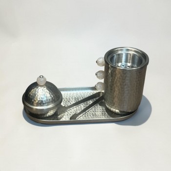 طقم مبخرة وعلبة عود وصينية ستيل فضي بتصميم انيق  
