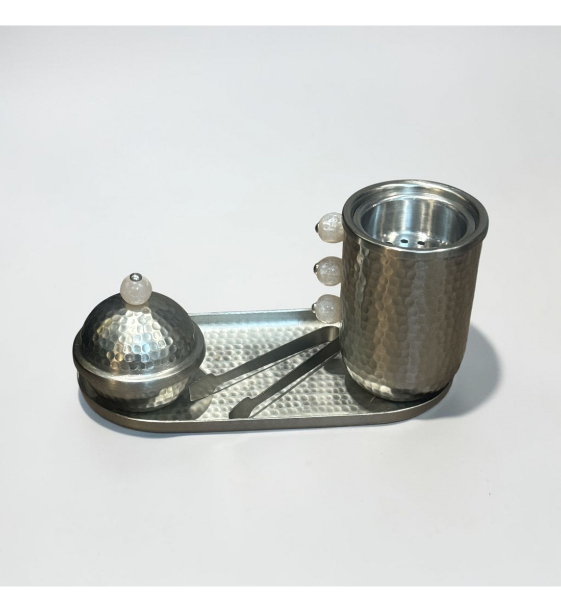 طقم مبخرة وعلبة عود وصينية ستيل فضي بتصميم انيق  