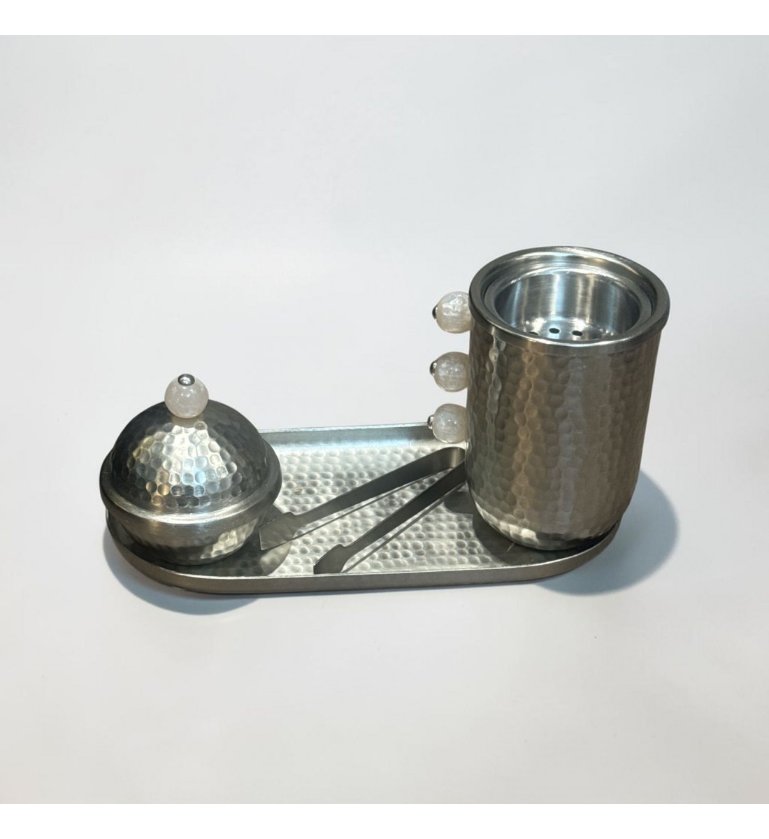 طقم مبخرة وعلبة عود وصينية ستيل فضي بتصميم انيق  