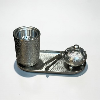 طقم مبخرة وعلبة عود وصينية ستيل فضي بتصميم انيق  