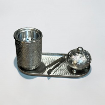 طقم مبخرة وعلبة عود وصينية ستيل فضي بتصميم انيق  