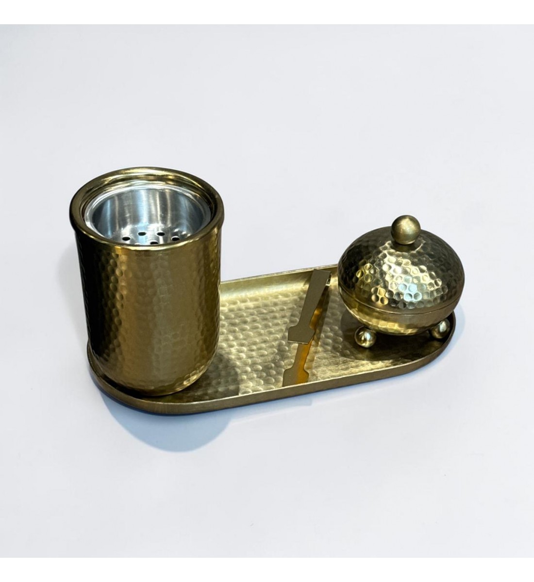 طقم مبخرة وعلبة عود وصينية ستيل ذهبي بتصميم انيق  