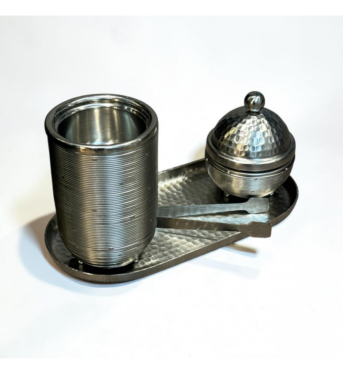 طقم مبخرة وعلبة عود وصينية ستيل فضي بتصميم انيق  