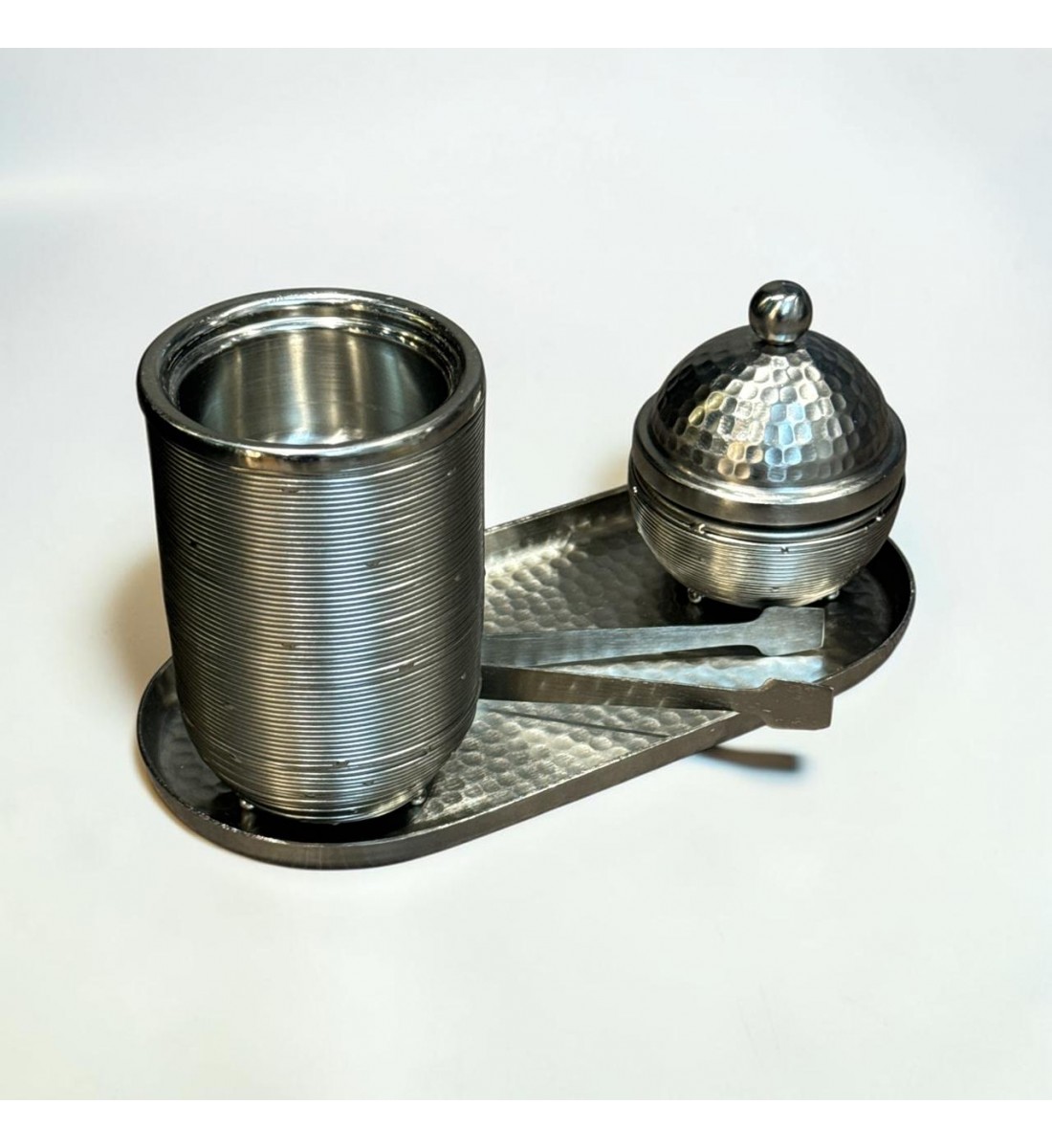 طقم مبخرة وعلبة عود وصينية ستيل فضي بتصميم انيق  