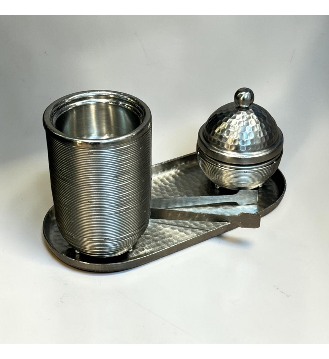 طقم مبخرة وعلبة عود وصينية ستيل فضي بتصميم انيق  