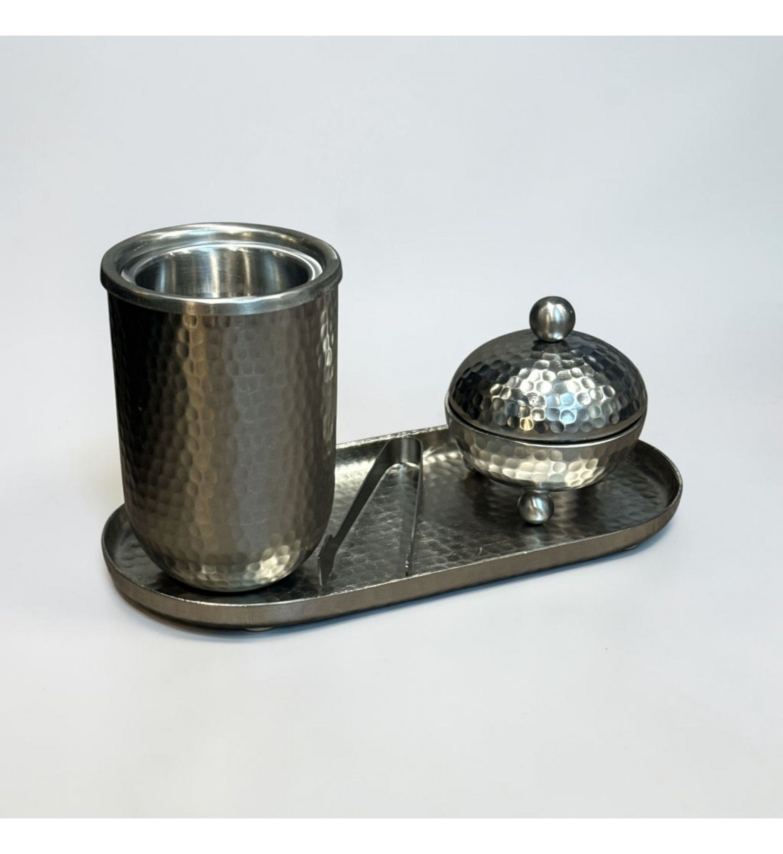 طقم مبخرة وعلبة عود وصينية ستيل فضي بتصميم انيق  