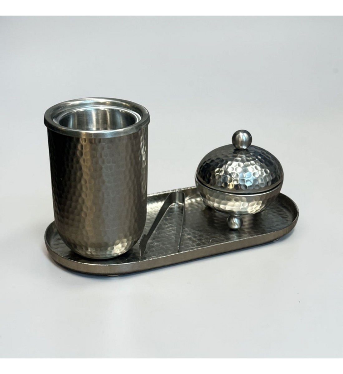 طقم مبخرة وعلبة عود وصينية ستيل فضي بتصميم انيق  