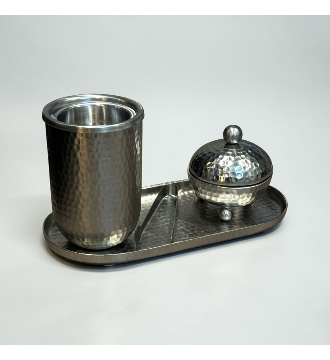 طقم مبخرة وعلبة عود وصينية ستيل فضي بتصميم انيق  