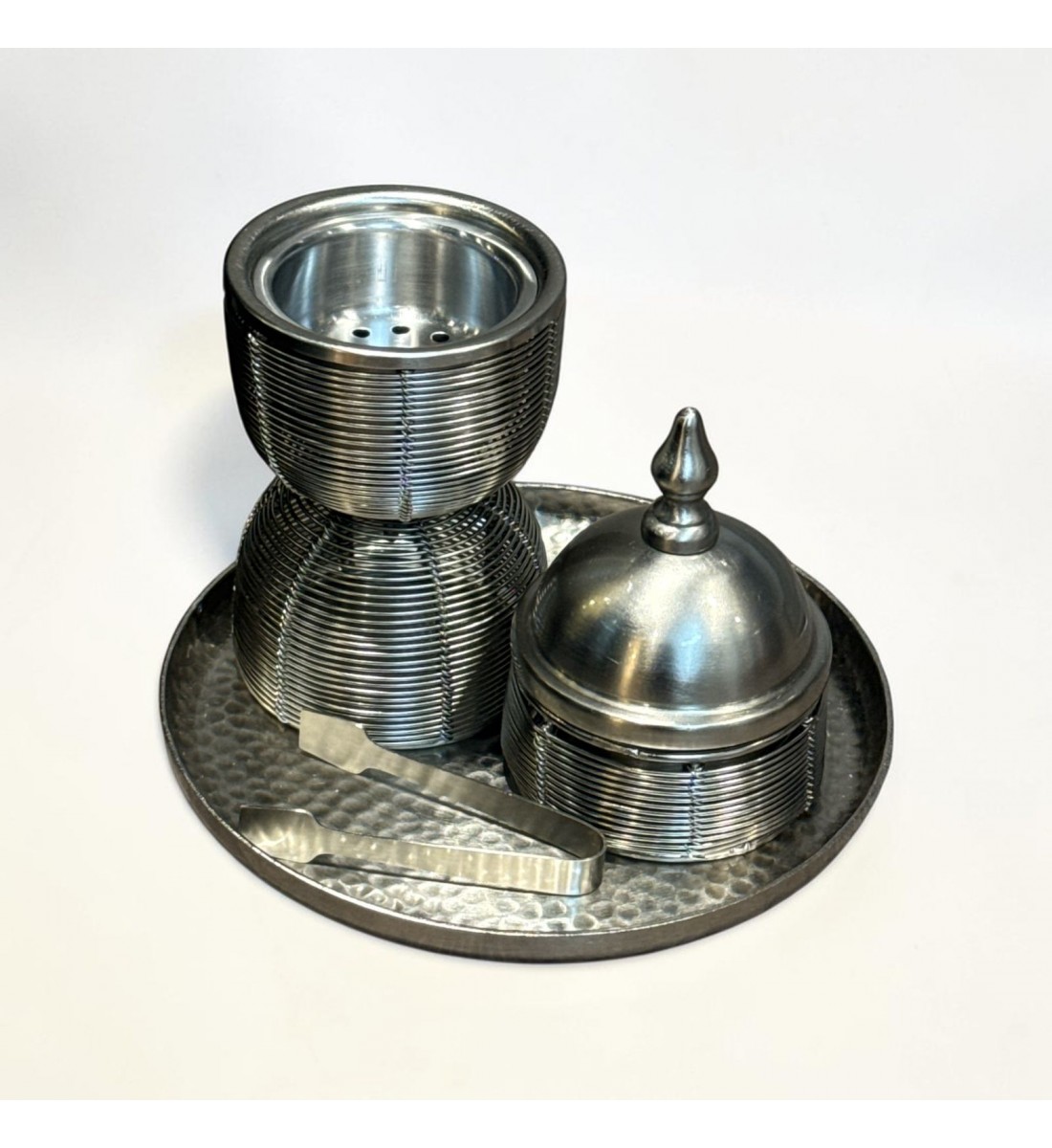 طقم مبخرة وعلبة عود وصينية ستيل فضي بتصميم انيق  