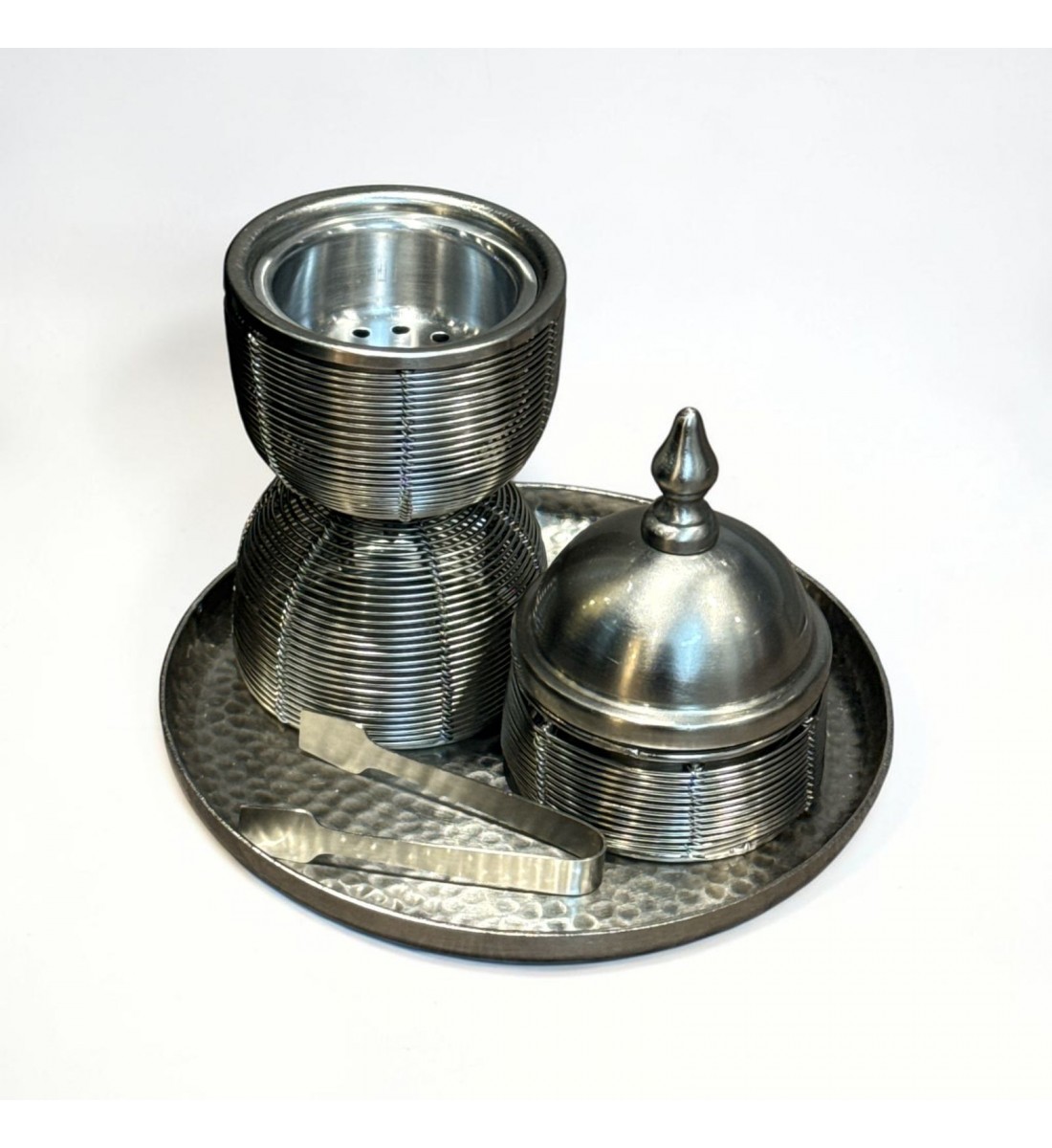 طقم مبخرة وعلبة عود وصينية ستيل فضي بتصميم انيق  