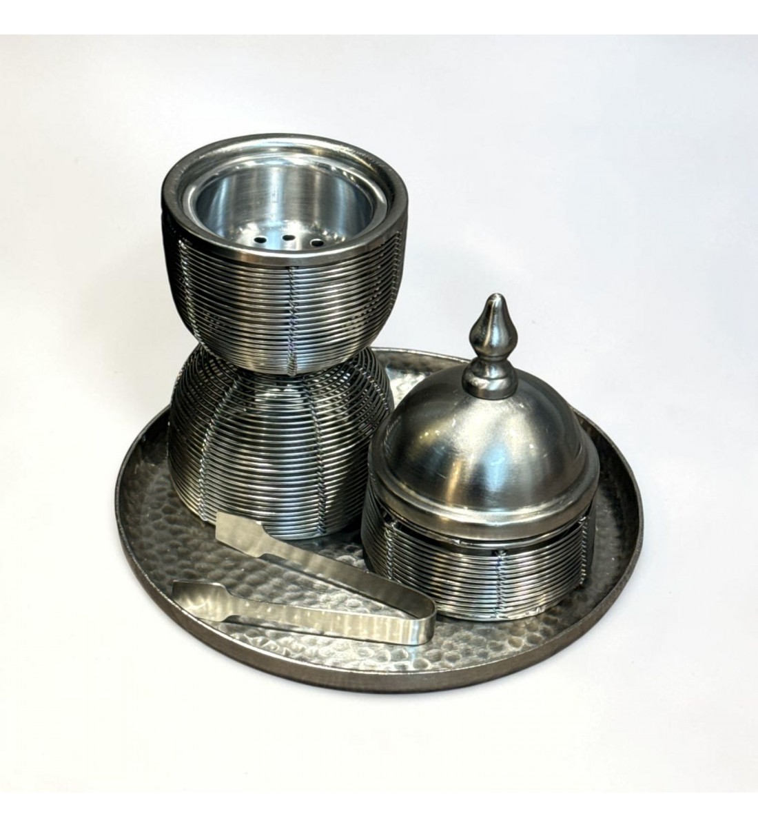 طقم مبخرة وعلبة عود وصينية ستيل فضي بتصميم انيق  