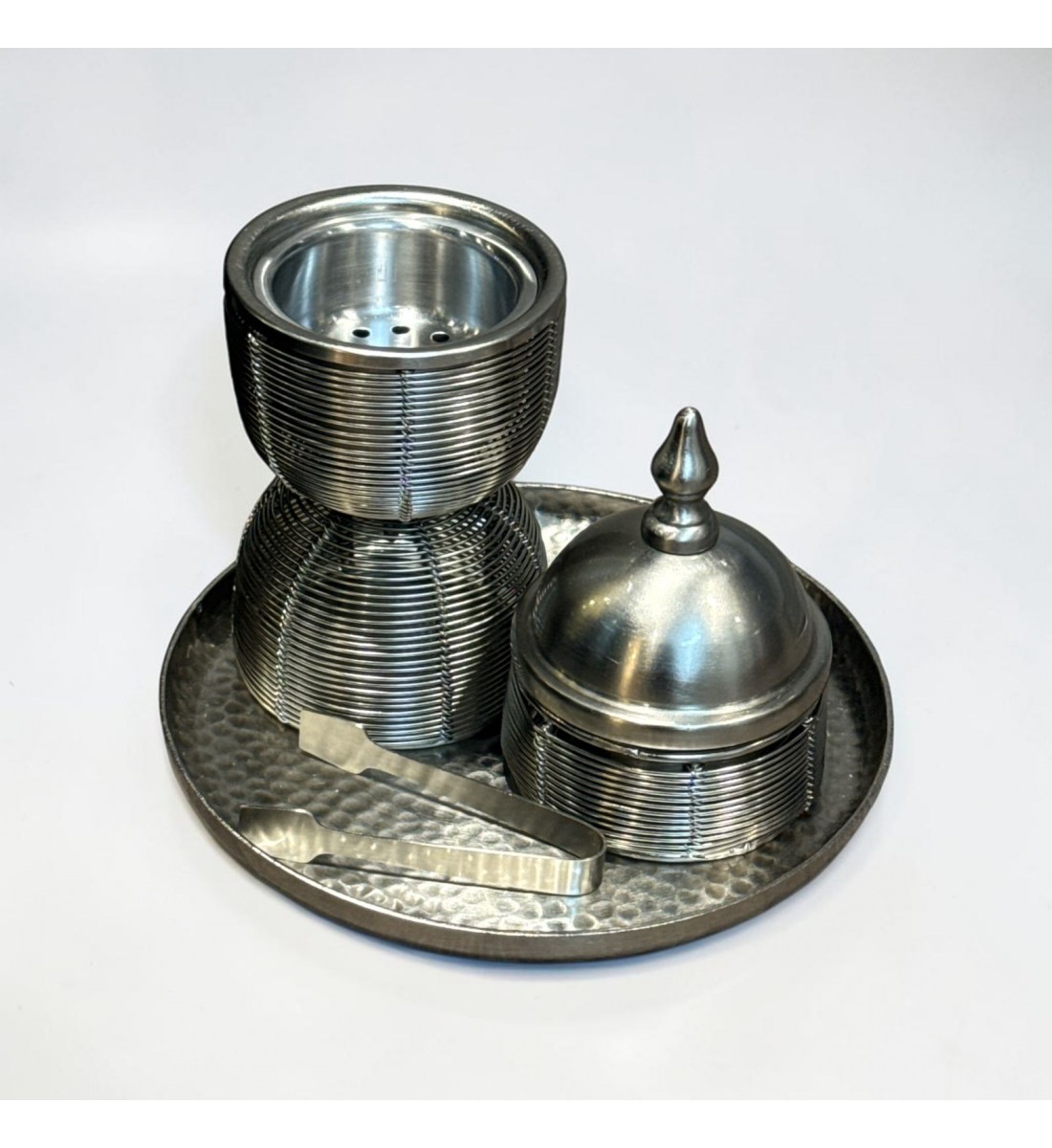 طقم مبخرة وعلبة عود وصينية ستيل فضي بتصميم انيق  