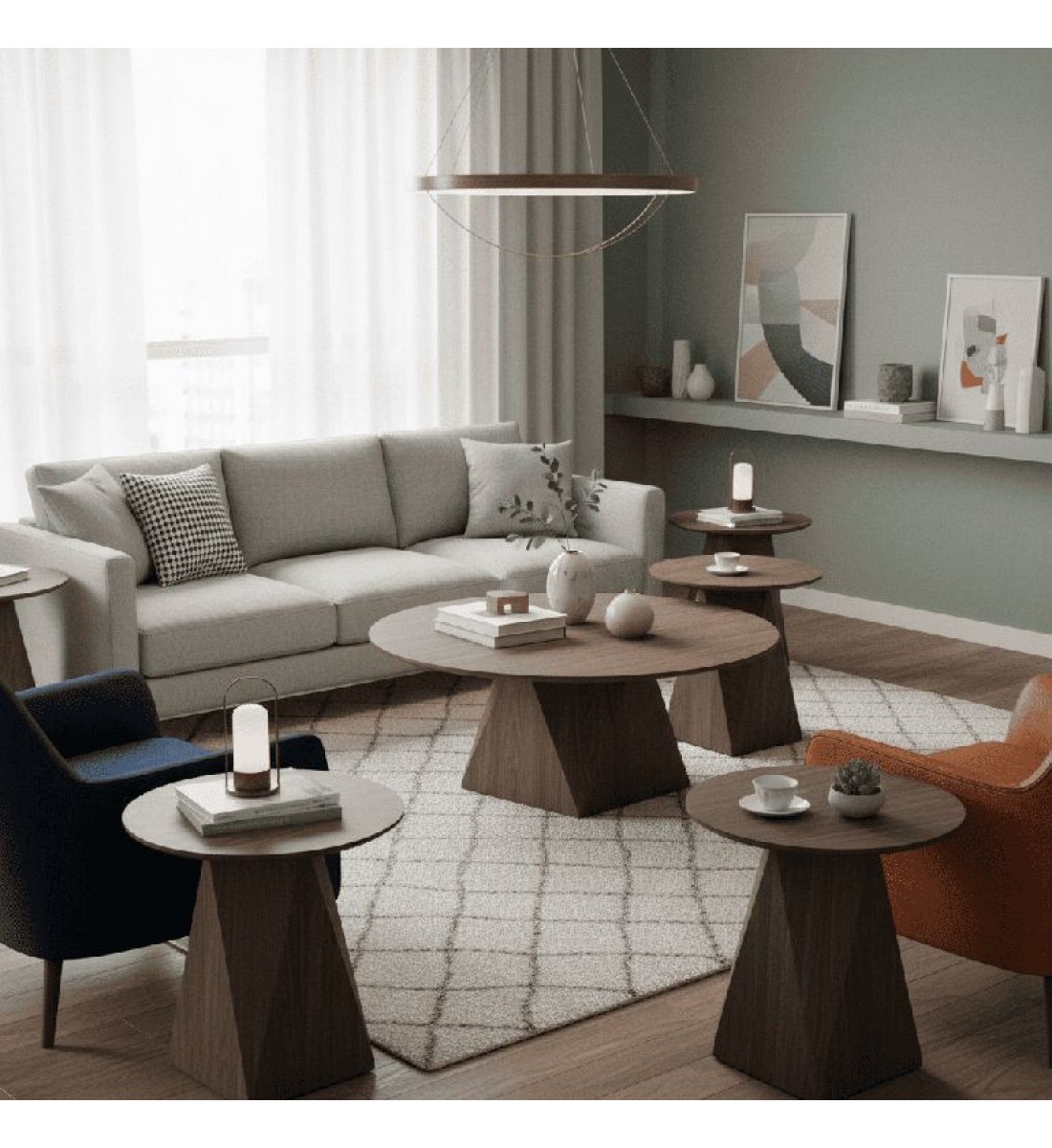 طقم طاولات دائري خشب بني - 5 قطع