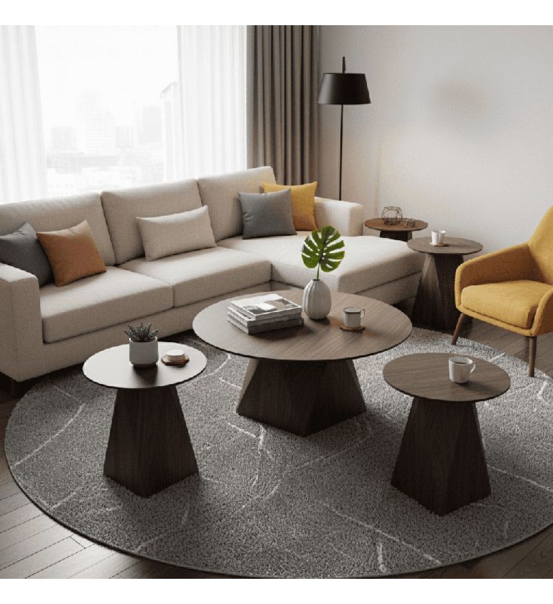 طقم طاولات دائري خشب بني - 5 قطع