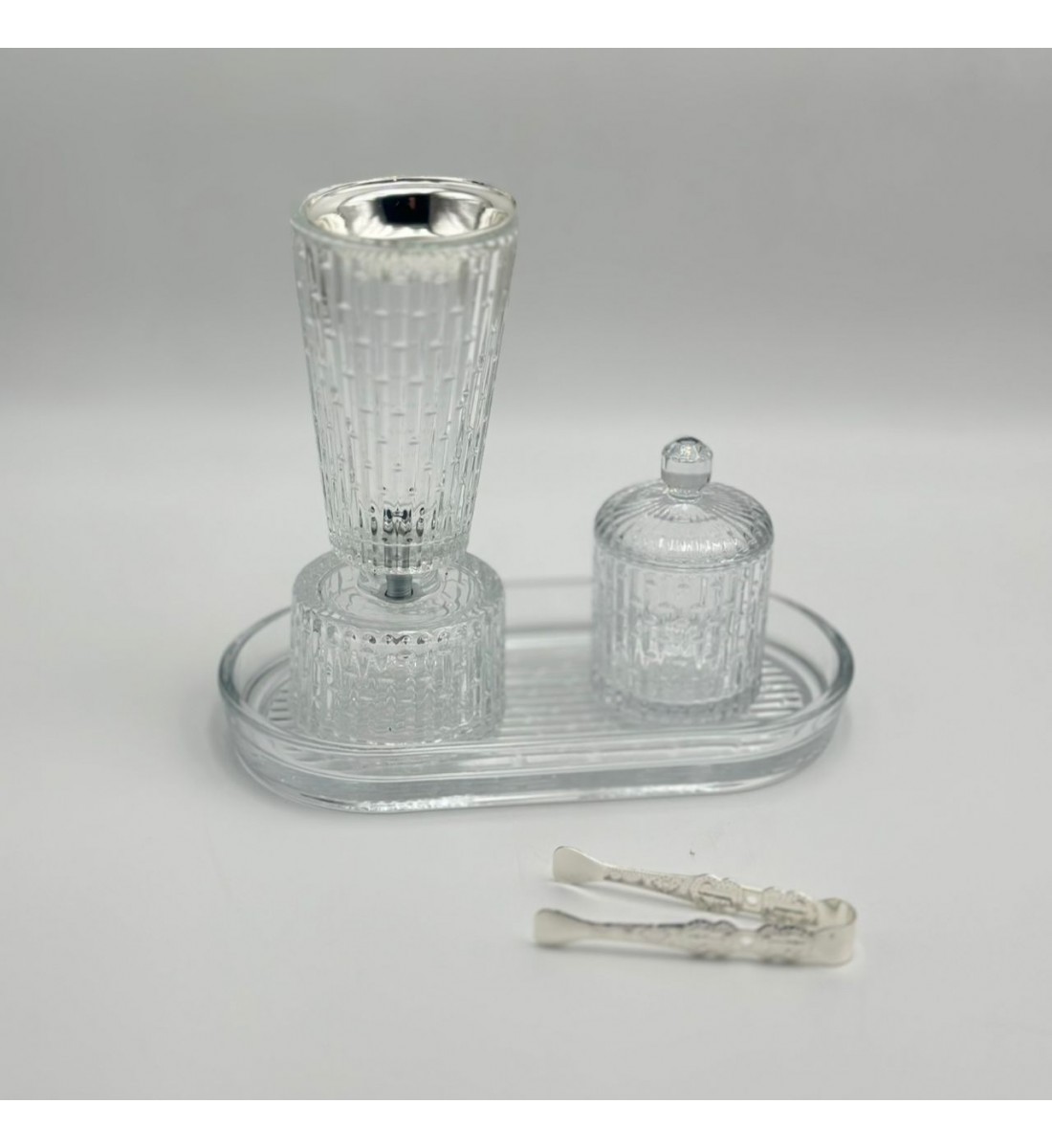 طقم مبخرة زجاج مخطط مع علبة وصينية وملقط فاخر4قطع