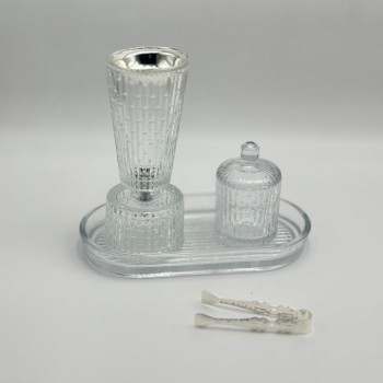 طقم مبخرة زجاج مخطط مع علبة وصينية وملقط فاخر4قطع