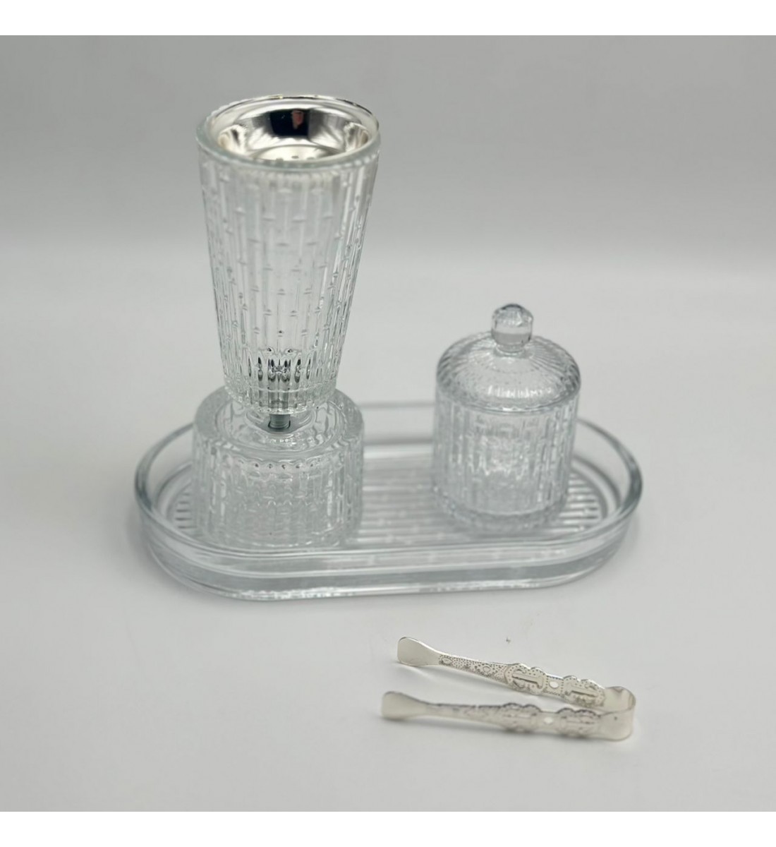 طقم مبخرة زجاج مخطط مع علبة وصينية وملقط فاخر4قطع