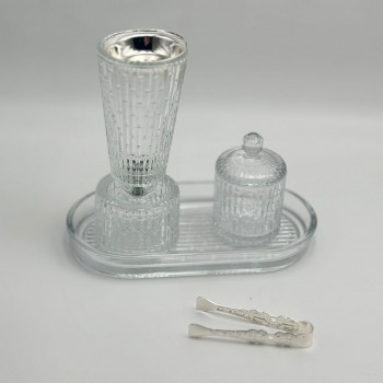 طقم مبخرة زجاج مخطط مع علبة وصينية وملقط فاخر4قطع