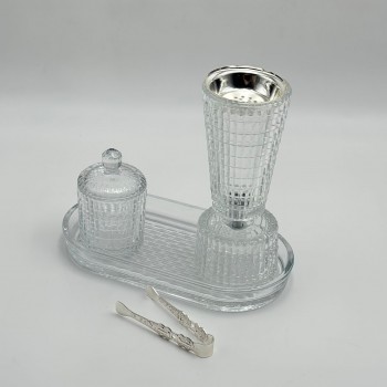 طقم مبخرة زجاج مخطط مع علبة وصينية وملقط فاخر4قطع