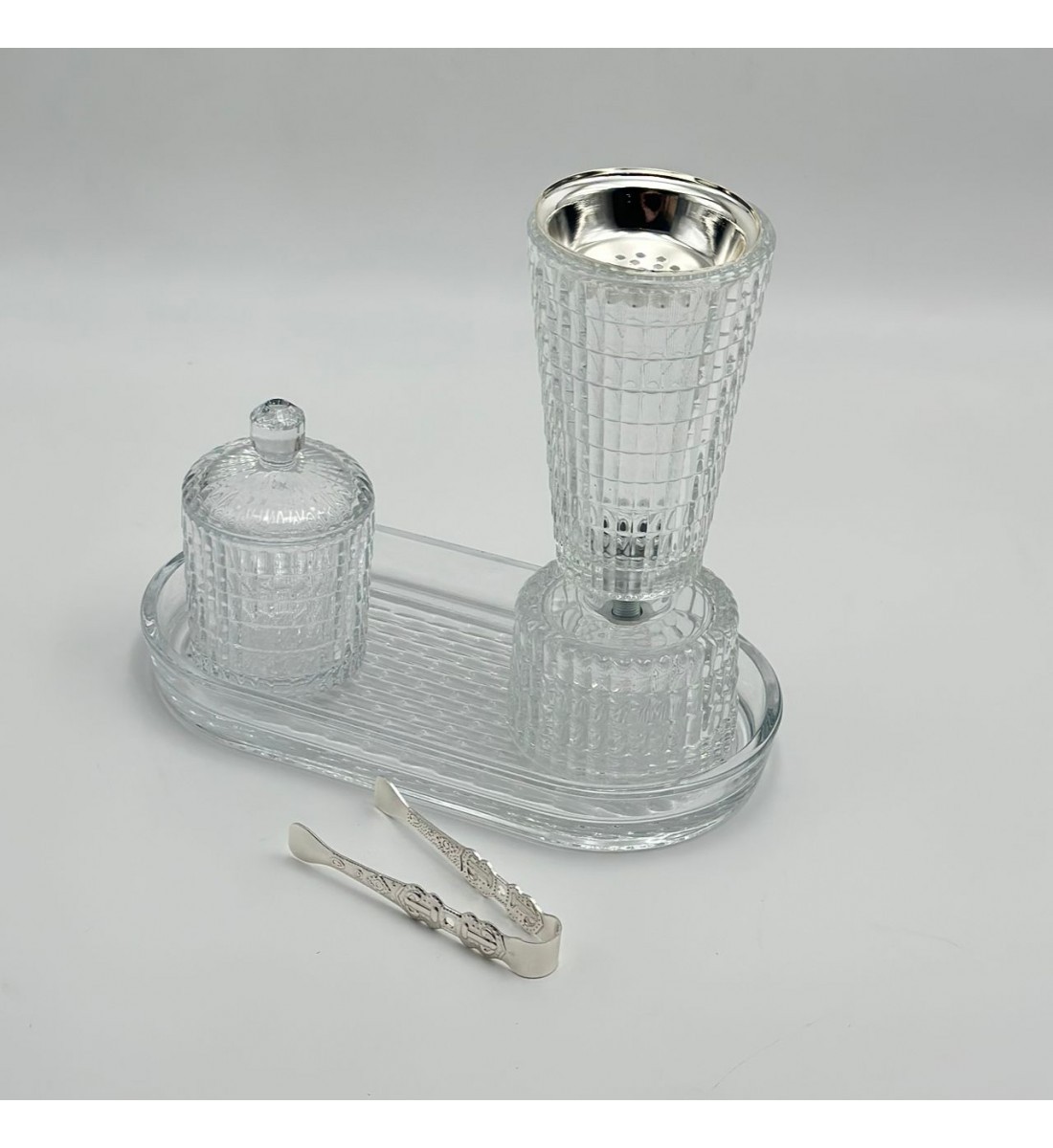 طقم مبخرة زجاج مخطط مع علبة وصينية وملقط فاخر4قطع