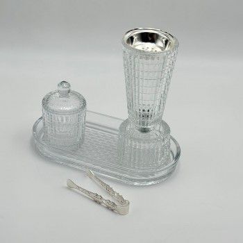 طقم مبخرة زجاج مخطط مع علبة وصينية وملقط فاخر4قطع
