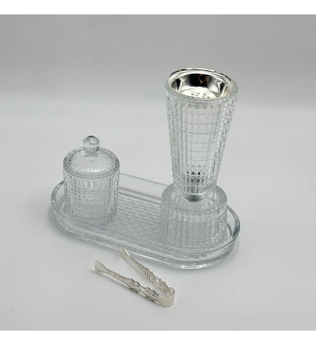 طقم مبخرة زجاج مخطط مع علبة وصينية وملقط فاخر4قطع