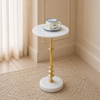 طاولة جانبية فورنيتّا بسطح من الرخام الأصلي ابيض عمود ذهبي30×30×58سم 