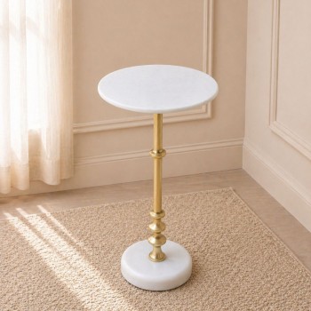 طاولة جانبية فورنيتّا بسطح من الرخام الأصلي ابيض عمود ذهبي30×30×58سم 
