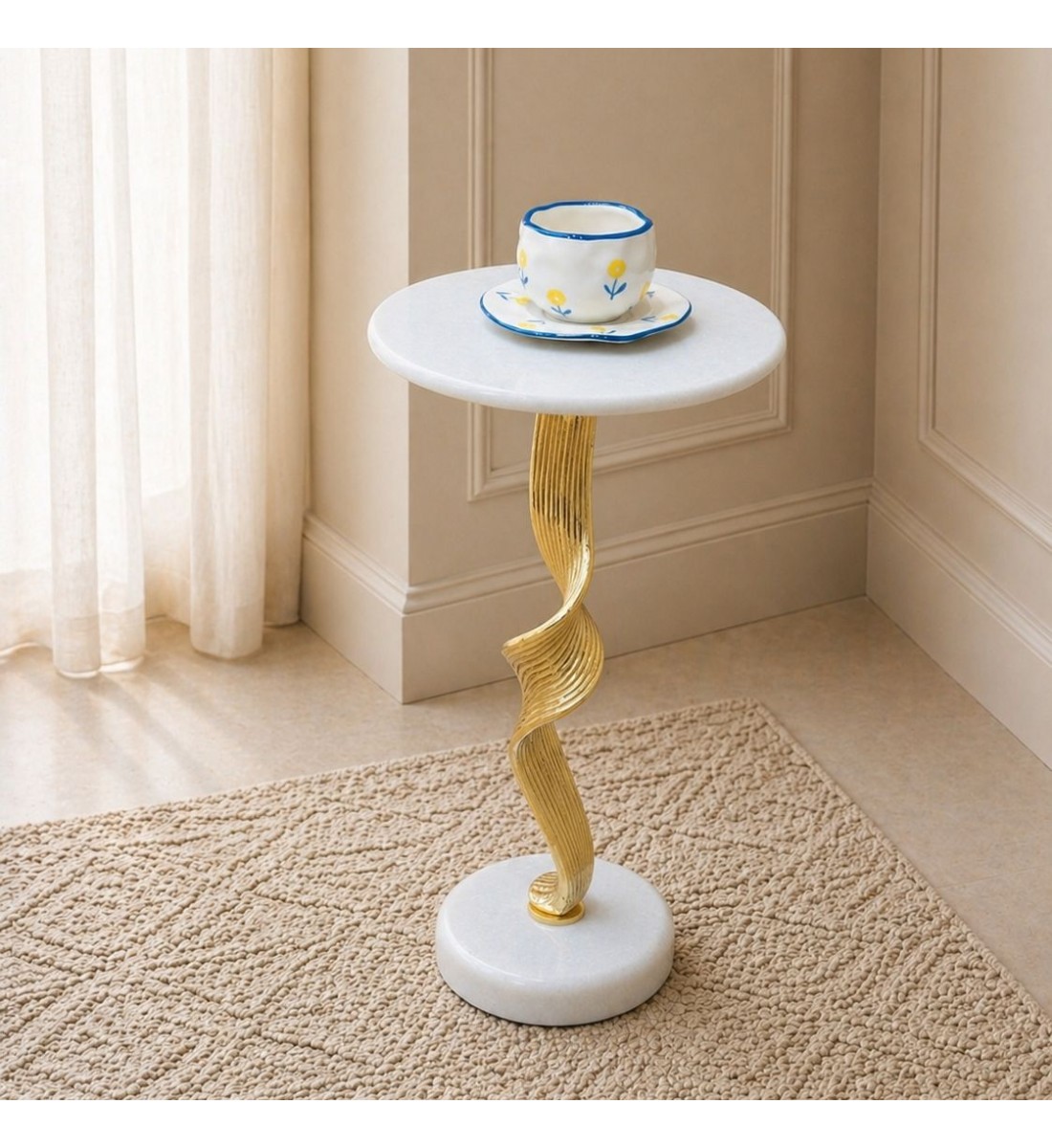 طاولة جانبية فورنيتّا بسطح من الرخام الأصلي ابيض عمود ذهبي30×30×58سم 