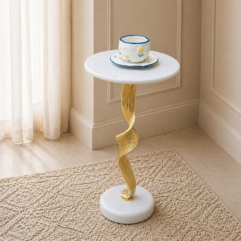 طاولة جانبية فورنيتّا بسطح من الرخام الأصلي ابيض عمود ذهبي30×30×58سم 