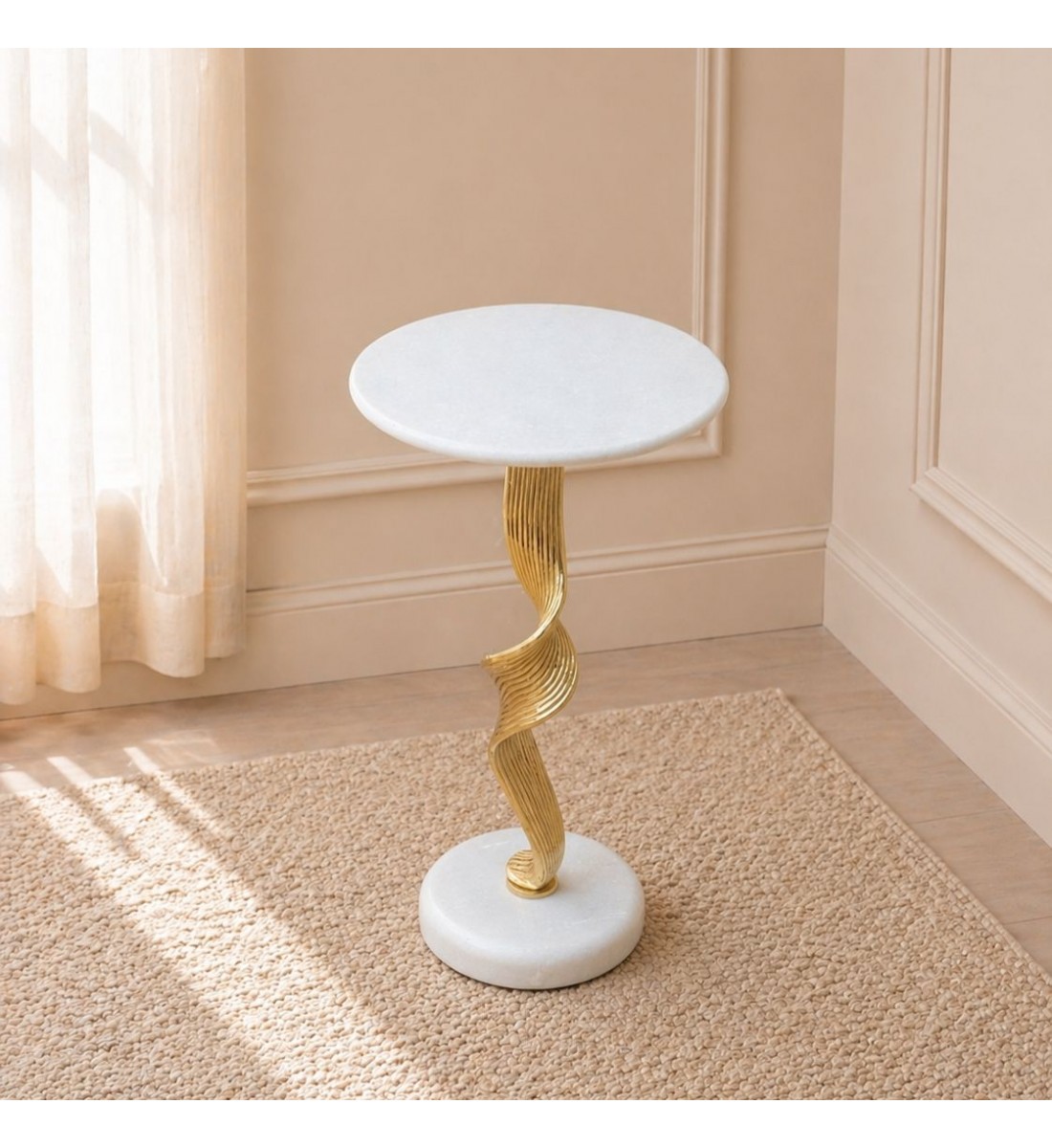 طاولة جانبية فورنيتّا بسطح من الرخام الأصلي ابيض عمود ذهبي30×30×58سم 