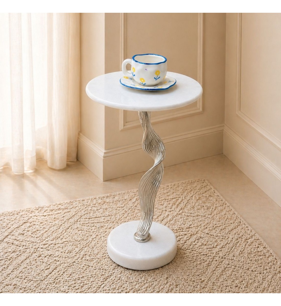 طاولة جانبية فورنيتّا بسطح من الرخام الأصلي ابيض عمود عمود فضي ×30×58سم 