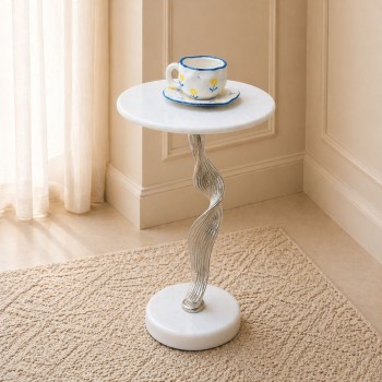 طاولة جانبية فورنيتّا بسطح من الرخام الأصلي ابيض عمود عمود فضي ×30×58سم 