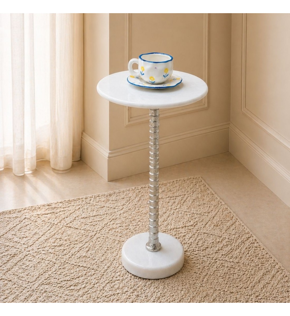 طاولة جانبية فورنيتّا بسطح من الرخام الأصلي ابيض عمود عمود فضي ×30×58سم 