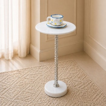 طاولة جانبية فورنيتّا بسطح من الرخام الأصلي ابيض عمود عمود فضي ×30×58سم 