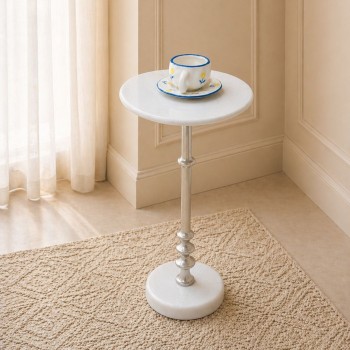 طاولة جانبية فورنيتّا بسطح من الرخام الأصلي ابيض عمود عمود فضي ×30×58سم 