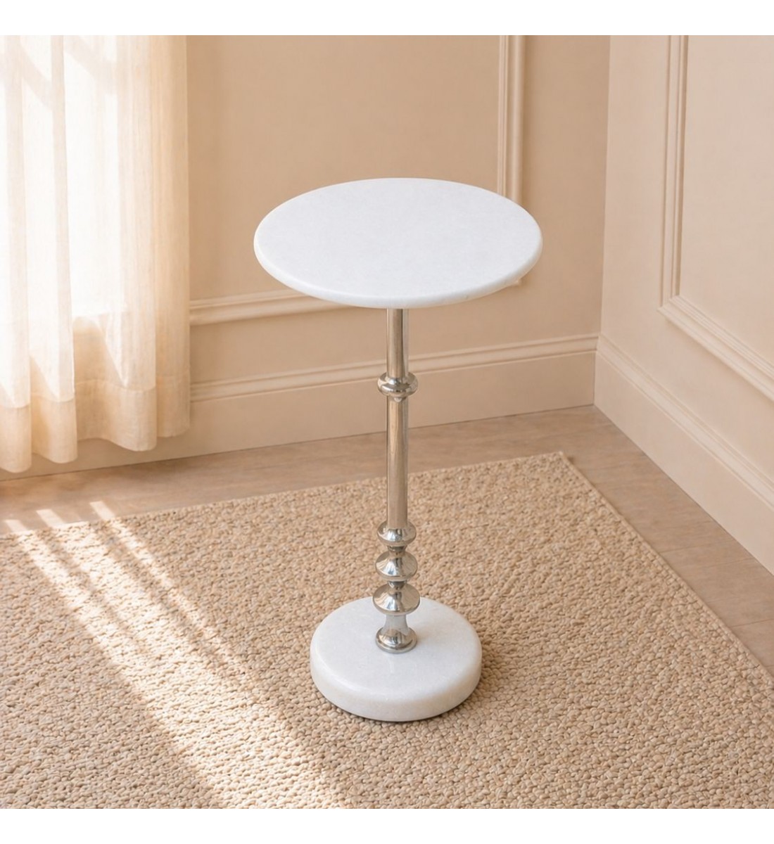 طاولة جانبية فورنيتّا بسطح من الرخام الأصلي ابيض عمود عمود فضي ×30×58سم 