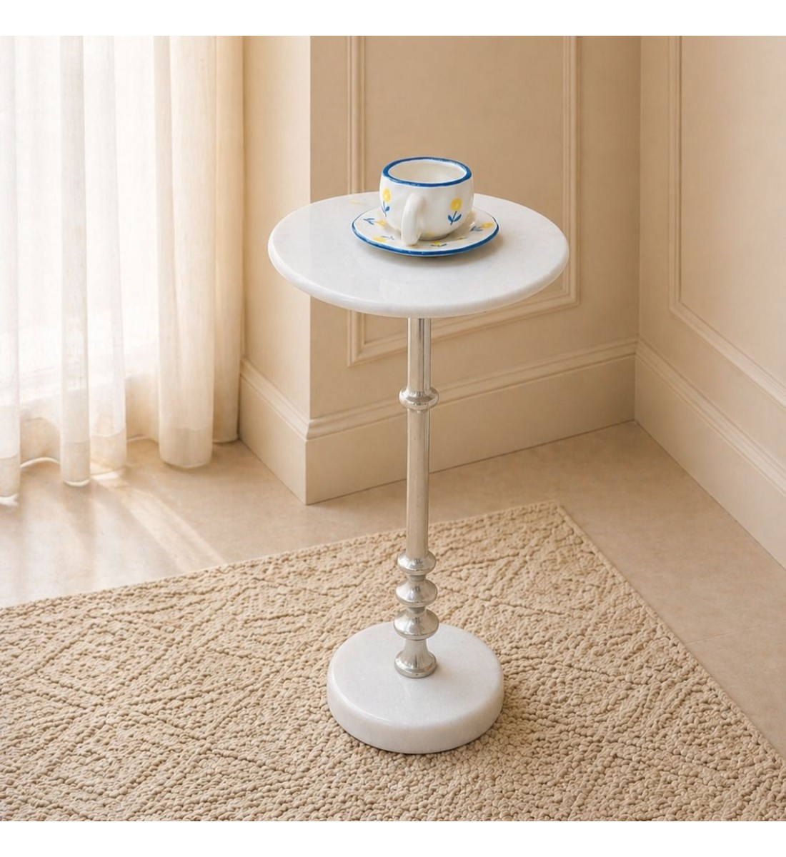 طاولة جانبية فورنيتّا بسطح من الرخام الأصلي ابيض عمود عمود فضي ×30×58سم 