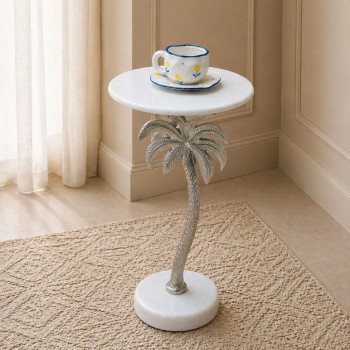 طاولة جانبية فورنيتّا بسطح من الرخام الأصلي ابيض عمود عمود فضي ×30×58سم 