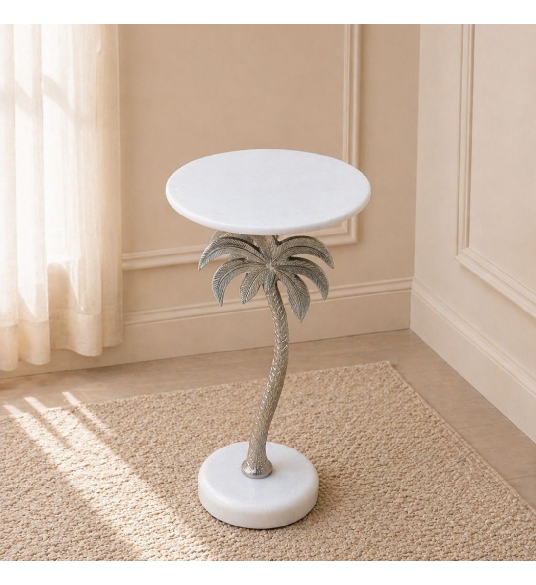 طاولة جانبية فورنيتّا بسطح من الرخام الأصلي ابيض عمود عمود فضي ×30×58سم 